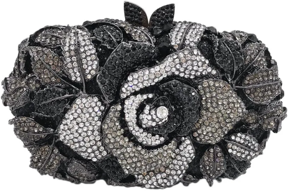 Boutique De FGG Flower Evening Bags for Women Wedding Handbags Crystal Clutch Purse Prom Rose Rhinestone Clutch Purses,Mini