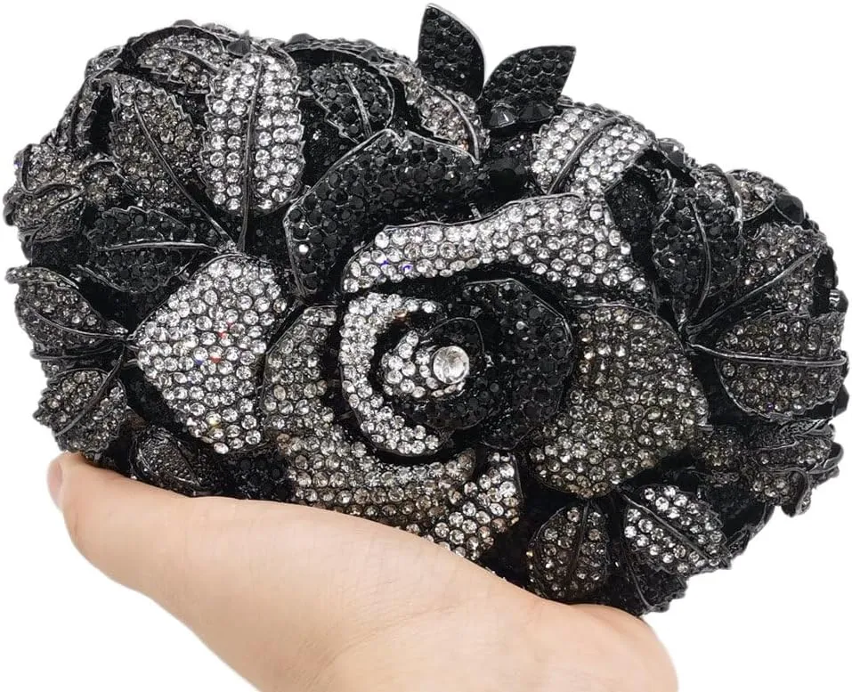 Boutique De FGG Flower Evening Bags for Women Wedding Handbags Crystal Clutch Purse Prom Rose Rhinestone Clutch Purses,Mini