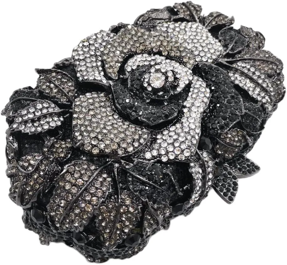 Boutique De FGG Flower Evening Bags for Women Wedding Handbags Crystal Clutch Purse Prom Rose Rhinestone Clutch Purses,Mini