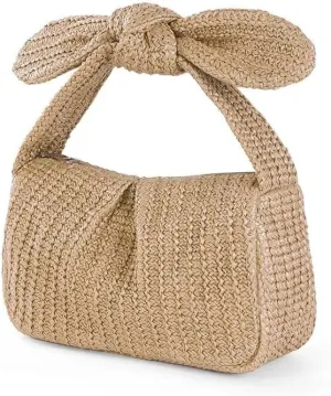 Bowknot Handle Shoulder Small Summer Beach Hobo Straw Handbag Purse for Women