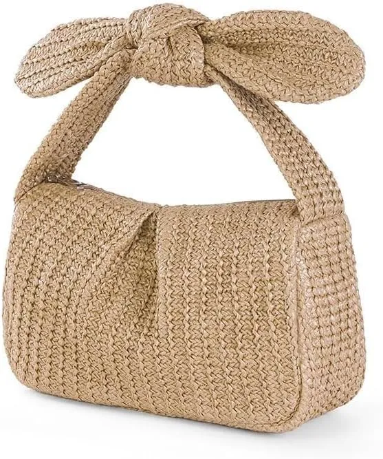 Bowknot Handle Shoulder Small Summer Beach Hobo Straw Handbag Purse for Women