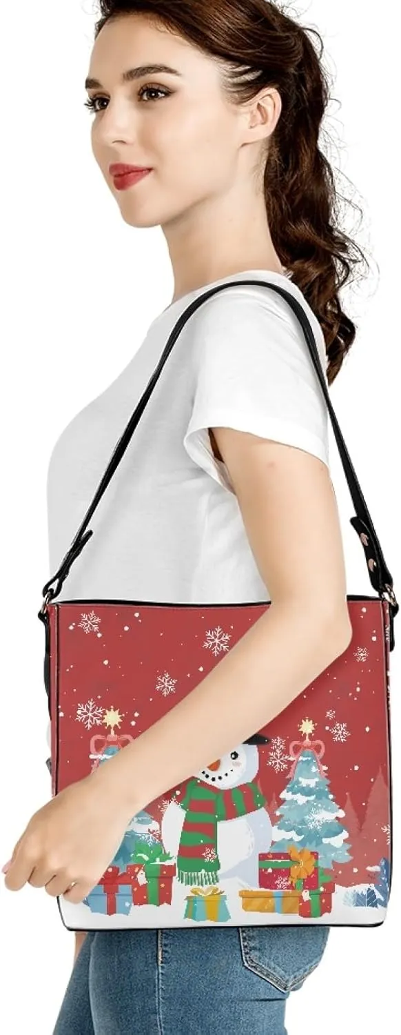 Bucket Bags and Purse for Women Merry Christmas Santa Claus Hobo and Shoulder Handbags with 2 Detachable Straps