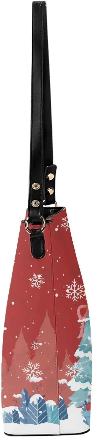 Bucket Bags and Purse for Women Merry Christmas Santa Claus Hobo and Shoulder Handbags with 2 Detachable Straps