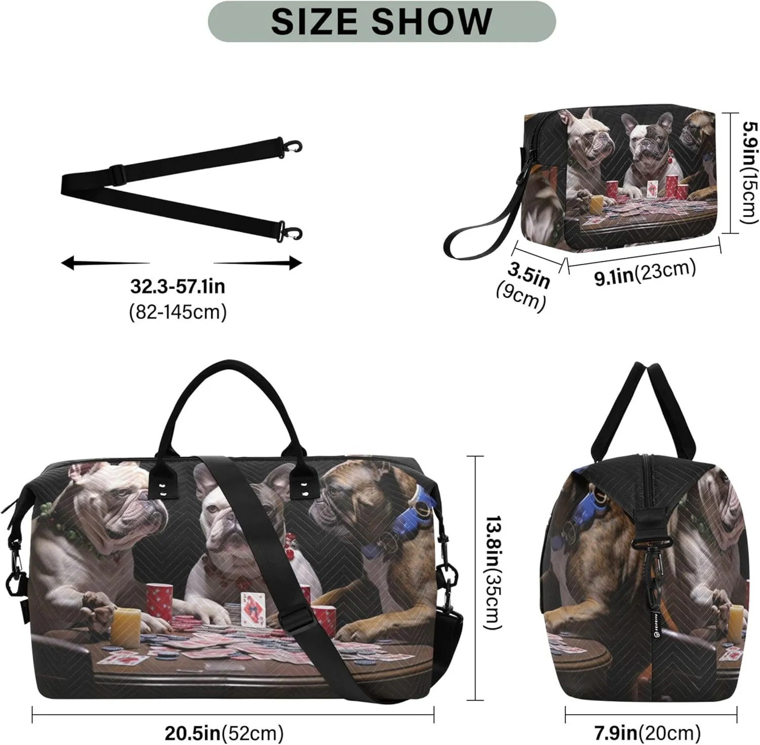 Bulldogs Funny Black Duffle Bag Travel Makeup Bag Set of 2, Print Women Gym Tote Bags Carry on Tote