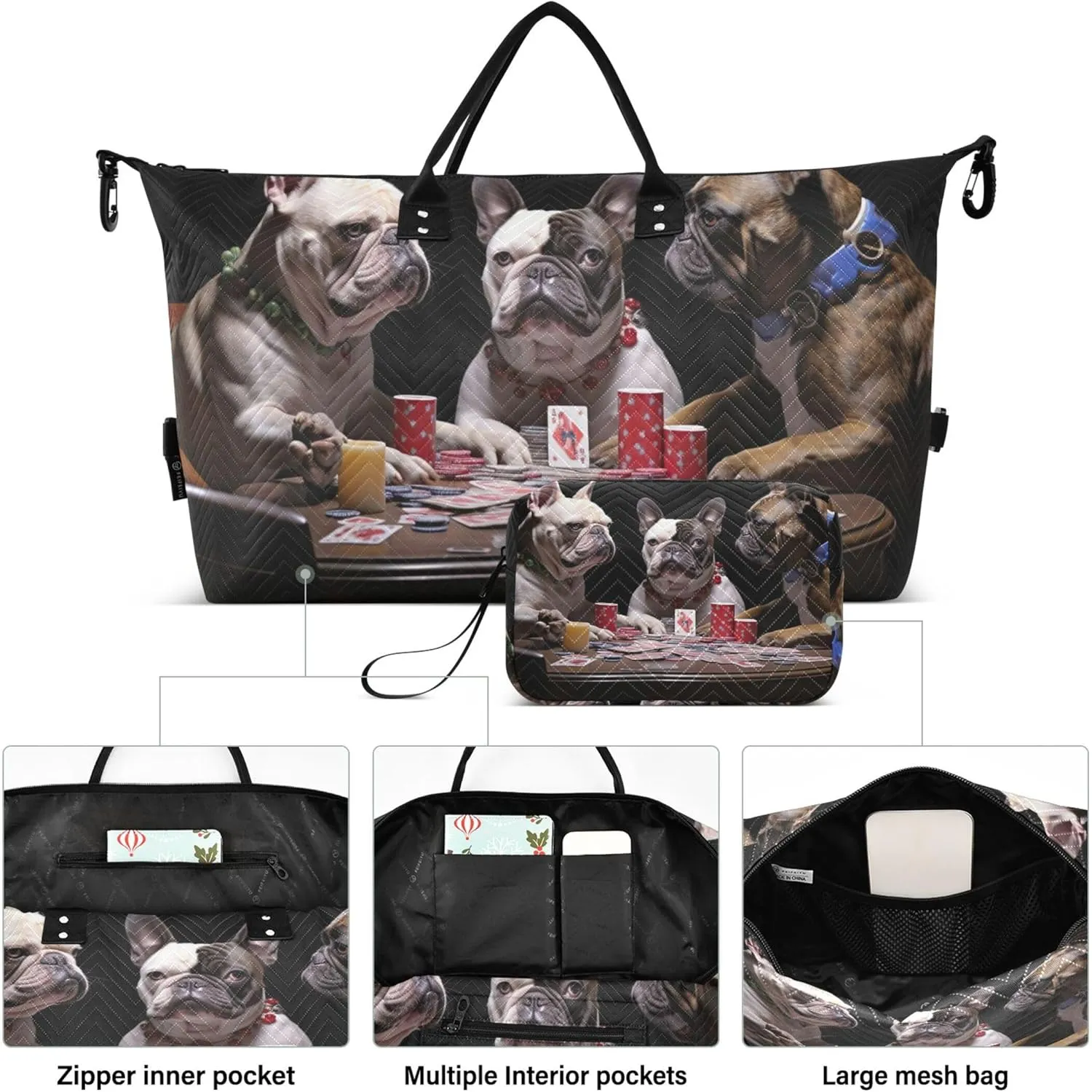 Bulldogs Funny Black Duffle Bag Travel Makeup Bag Set of 2, Print Women Gym Tote Bags Carry on Tote