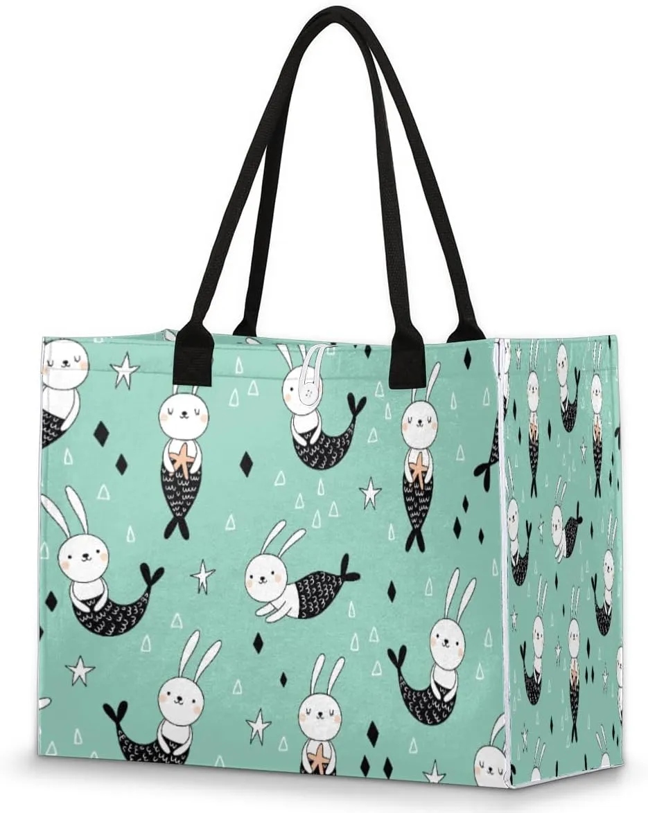 Bunny Mermaid Tote Bag for Women Large Beach Bag Reusable Grocery Bags Tote Bag for Work Shopping Travel Beach