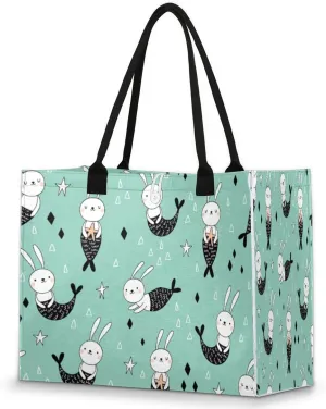 Bunny Mermaid Tote Bag for Women Large Beach Bag Reusable Grocery Bags Tote Bag for Work Shopping Travel Beach