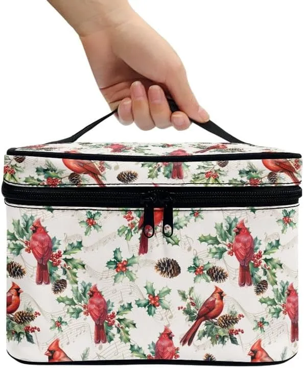Cardinal Bird Zipper Makeup Bag Cosmetic Bag, Christmas Holly Portable Toiletries Bags, Leaves Traveling Tote for Women Girl