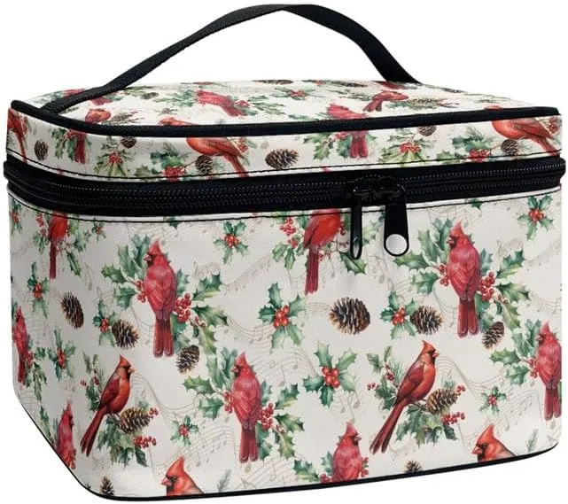 Cardinal Bird Zipper Makeup Bag Cosmetic Bag, Christmas Holly Portable Toiletries Bags, Leaves Traveling Tote for Women Girl