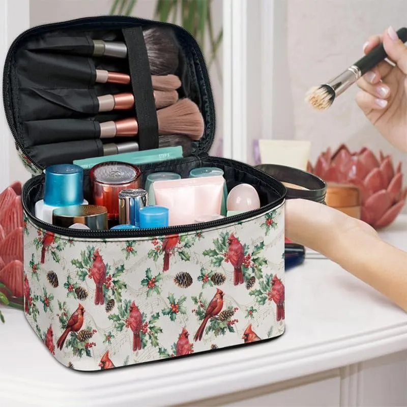 Cardinal Bird Zipper Makeup Bag Cosmetic Bag, Christmas Holly Portable Toiletries Bags, Leaves Traveling Tote for Women Girl