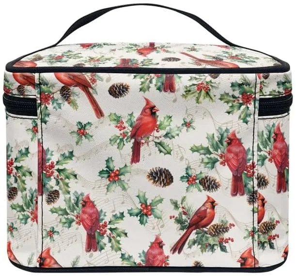 Cardinal Bird Zipper Makeup Bag Cosmetic Bag, Christmas Holly Portable Toiletries Bags, Leaves Traveling Tote for Women Girl