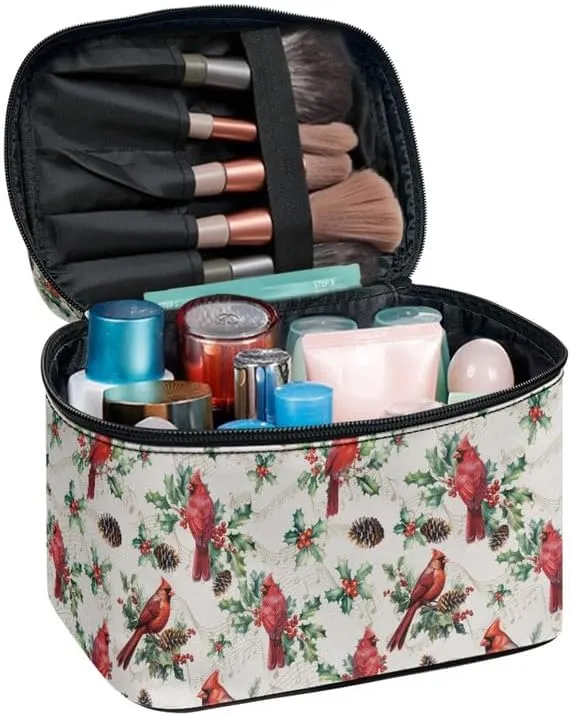 Cardinal Bird Zipper Makeup Bag Cosmetic Bag, Christmas Holly Portable Toiletries Bags, Leaves Traveling Tote for Women Girl