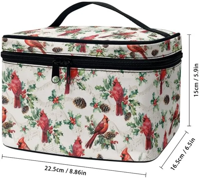 Cardinal Bird Zipper Makeup Bag Cosmetic Bag, Christmas Holly Portable Toiletries Bags, Leaves Traveling Tote for Women Girl