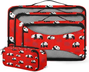 Cartoon Panda Pattern 4 Piece Packing Travel Organizer Cubes Set Mesh Fabric Ventilate Design Lightweight Travel Accessories 4 Sizes (Extra Large, Large, Medium, Small)