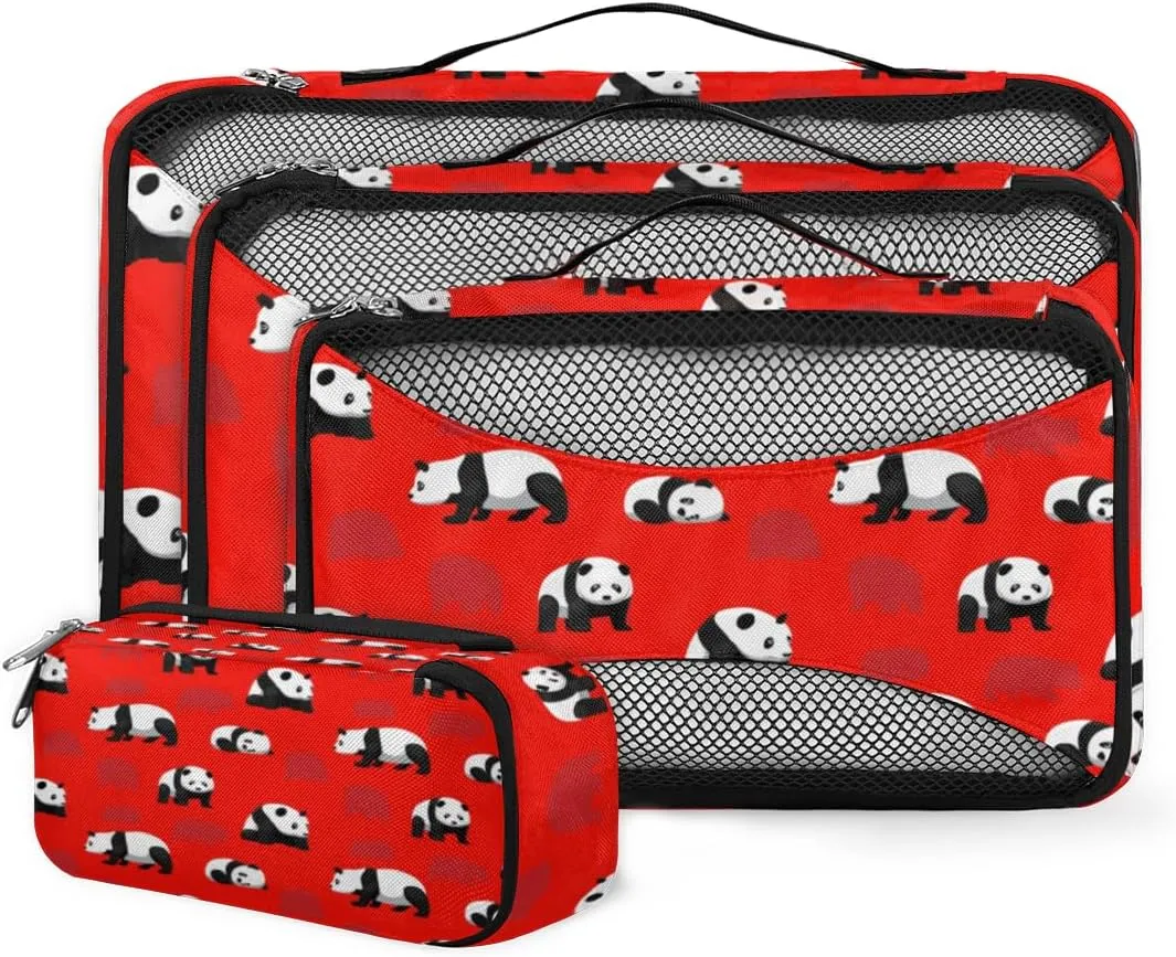 Cartoon Panda Pattern 4 Piece Packing Travel Organizer Cubes Set Mesh Fabric Ventilate Design Lightweight Travel Accessories 4 Sizes (Extra Large, Large, Medium, Small)