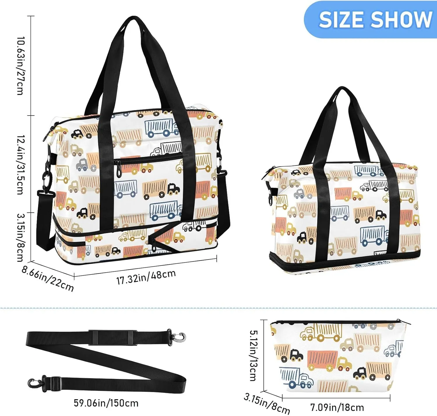 Cartoon Truck Travel Tote for Women Expandable Football Bag, Bags that Fit under Airplane Seat