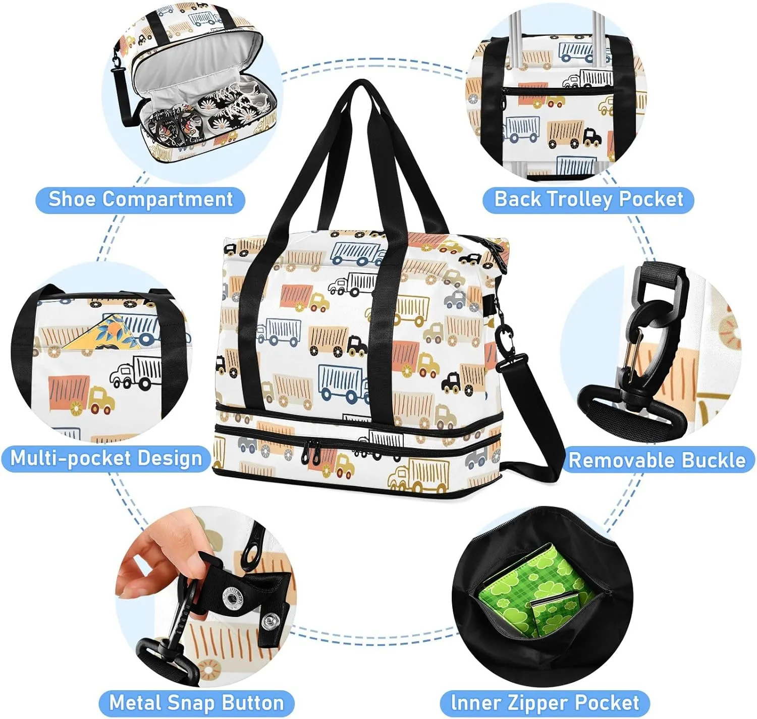 Cartoon Truck Travel Tote for Women Expandable Football Bag, Bags that Fit under Airplane Seat