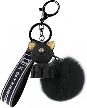 Cat Keychain with Fluffy Pom Pom for Women Purse Handbags - Cute and Stylish Key Ring Bag Charms for Cat Lovers