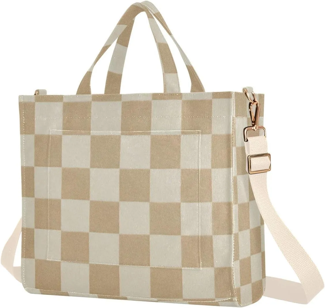 Checkered Beige Corduroy Tote Bag for Women Hobo Crossbody Bag Purse Stylish Shoulder Handbag Messenger Bags, S