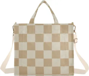 Checkered Beige Corduroy Tote Bag for Women Hobo Crossbody Bag Purse Stylish Shoulder Handbag Messenger Bags, S
