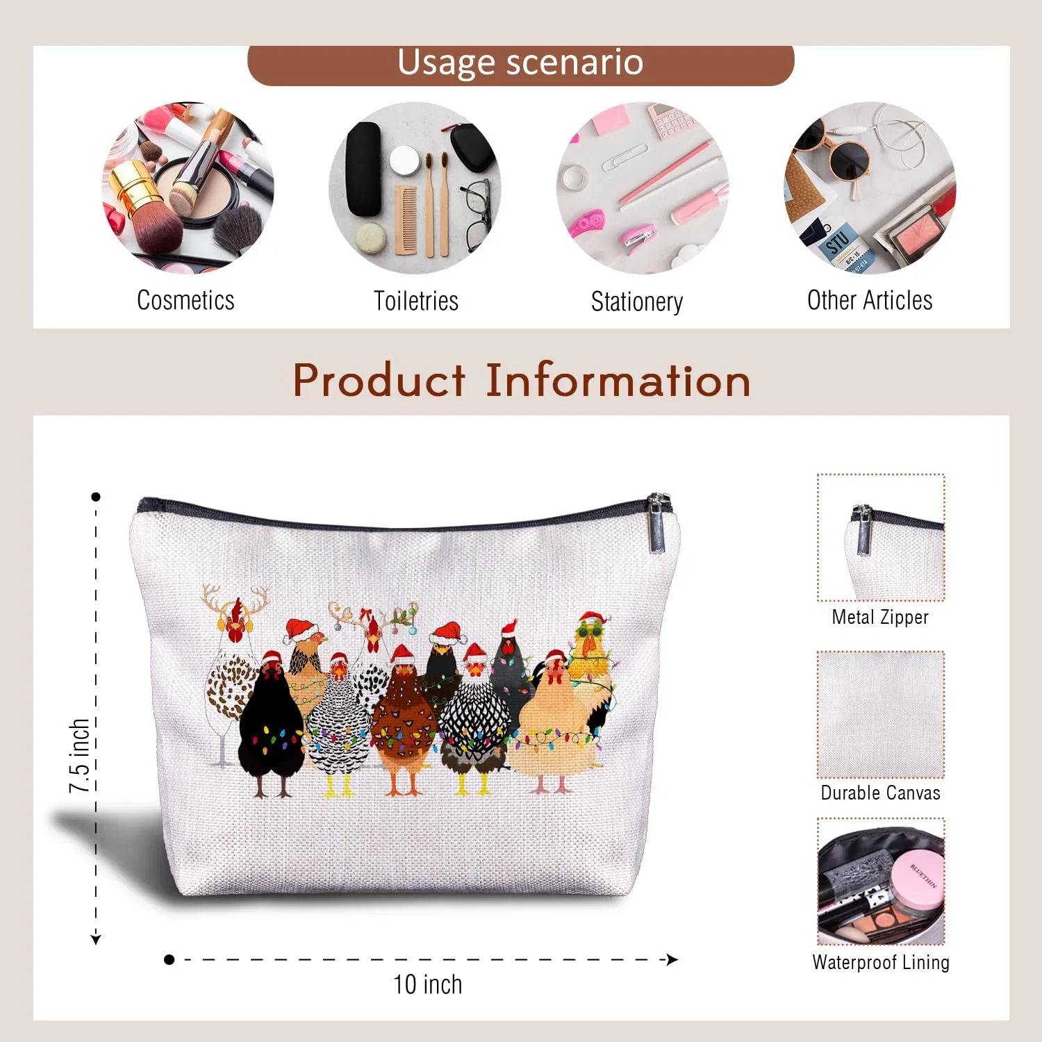 Christmas Chicken Makeup Bag - Chicken Makeup Bags for Women, Chicken Gifts for Chicken Lovers, Chicken Mom Gifts Chicken Lady Gifts Cosmetic Bag Zipper Pouch