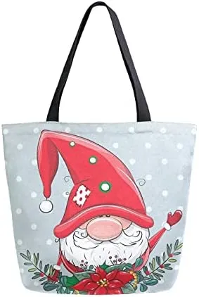 Christmas Wreath Gnome Large Canvas Tote Bag Heavy Duty Grocery Bag, Snowfall Winter Floral Women Casual Shoulder Bag Pocket Reusable Handbags for Travel Beach School Nursing Gift