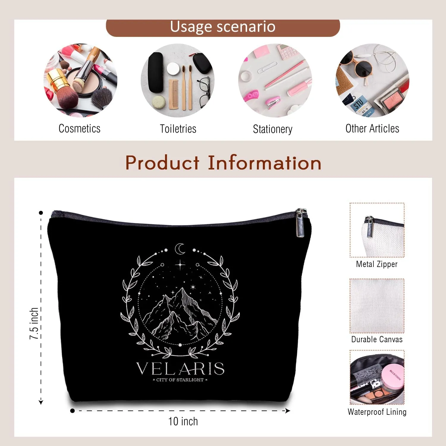 City of Starlight Makeup Bag - A Court of Thorns and Roses Gifts, Night Court, Velaris Book Lovers Readers Women's Zippered Bag for Purse, Bookish Gifts Cosmetic Bags