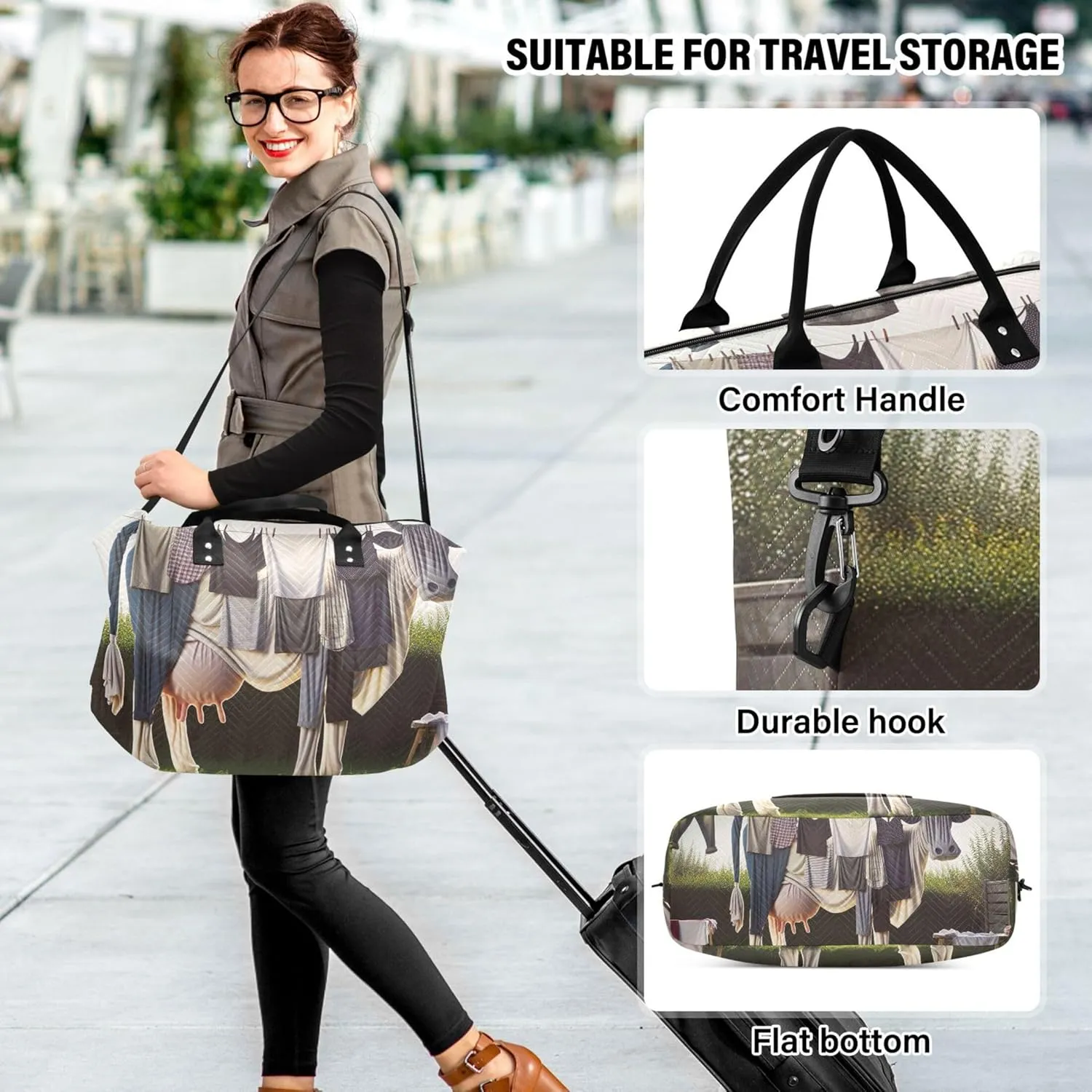 Clothes Line Cow Funny Duffle Travel Bags Toiletry Pouches Set of 2, Floral Gym Duffle Bag Carry on Duffel Bag