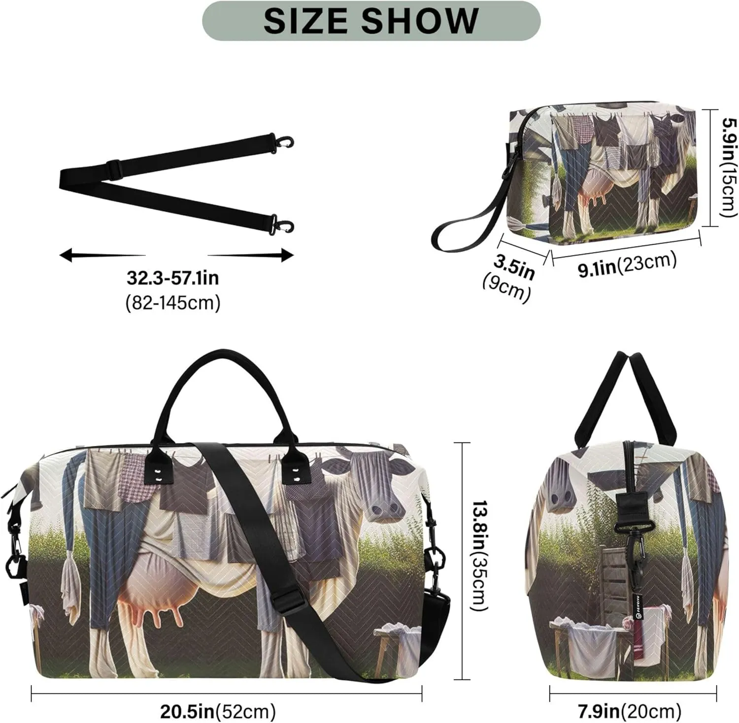 Clothes Line Cow Funny Duffle Travel Bags Toiletry Pouches Set of 2, Floral Gym Duffle Bag Carry on Duffel Bag