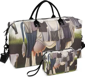 Clothes Line Cow Funny Duffle Travel Bags Toiletry Pouches Set of 2, Floral Gym Duffle Bag Carry on Duffel Bag