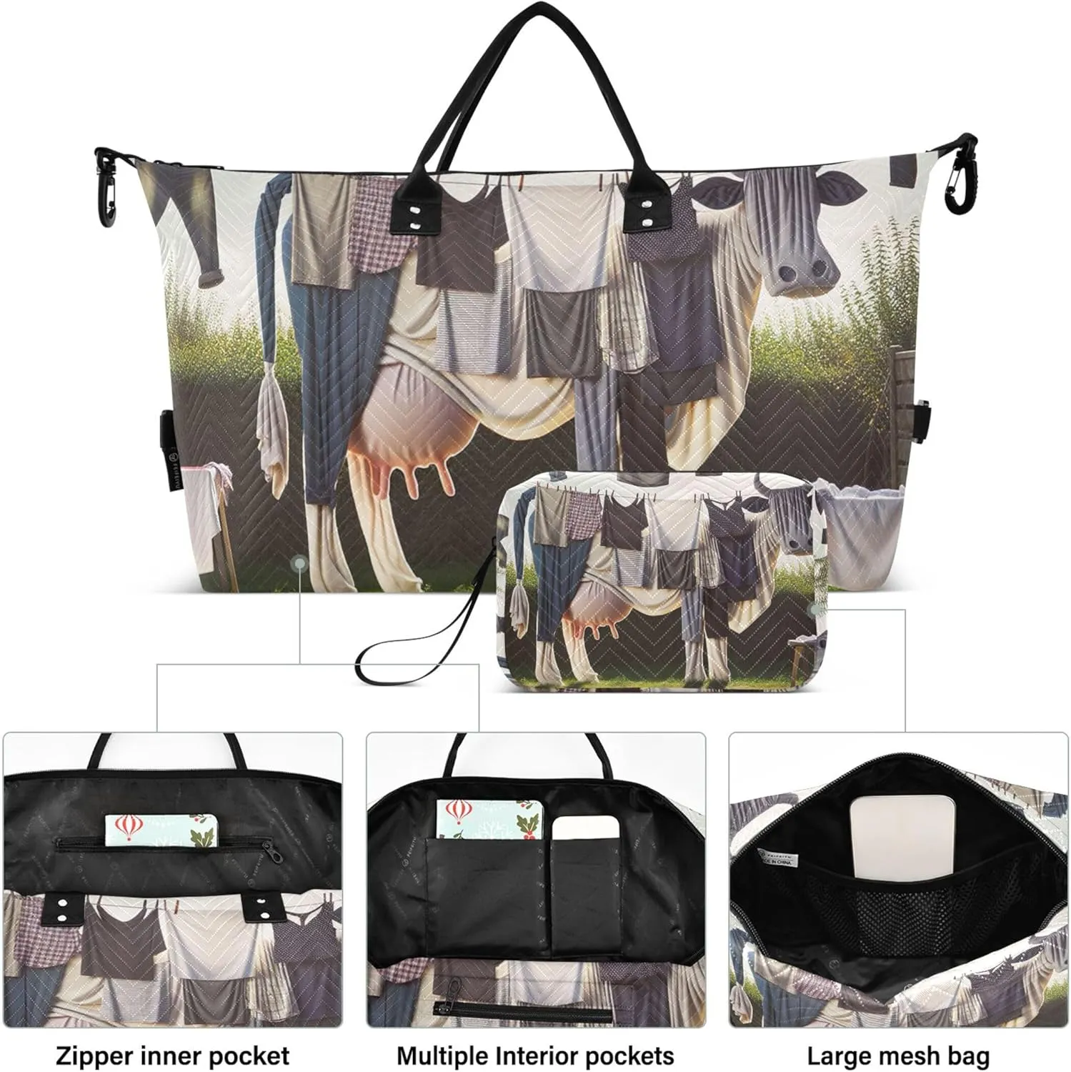 Clothes Line Cow Funny Duffle Travel Bags Toiletry Pouches Set of 2, Floral Gym Duffle Bag Carry on Duffel Bag