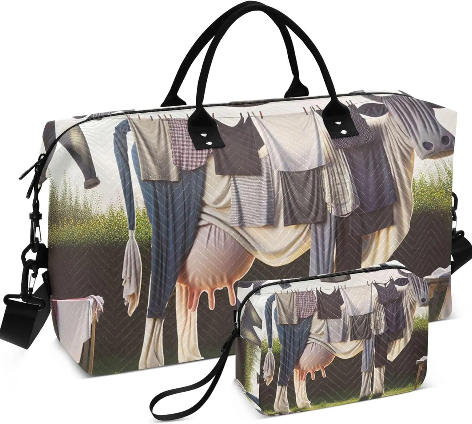 Clothes Line Cow Funny Duffle Travel Bags Toiletry Pouches Set of 2, Floral Gym Duffle Bag Carry on Duffel Bag