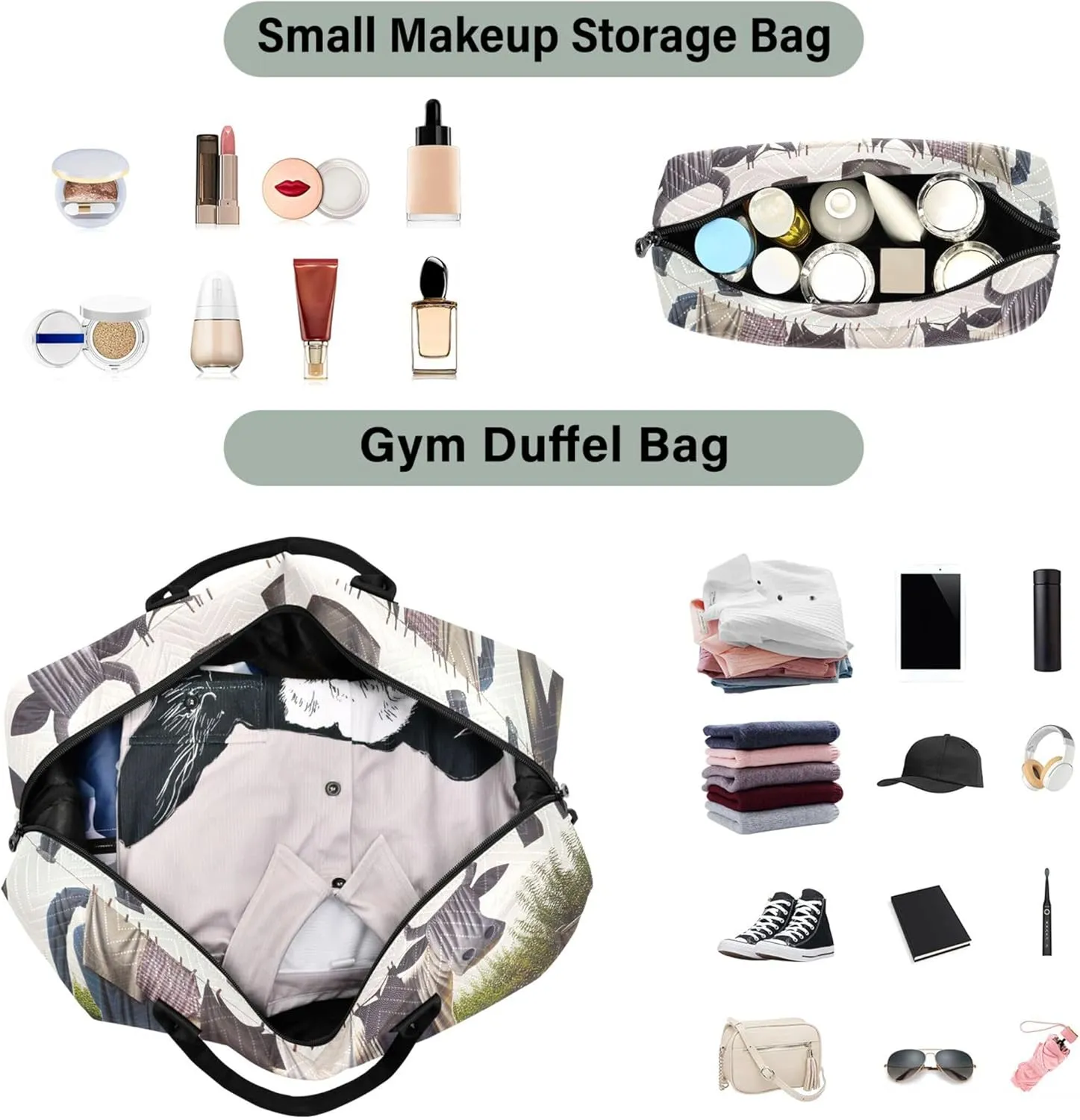 Clothes Line Cow Funny Duffle Travel Bags Toiletry Pouches Set of 2, Floral Gym Duffle Bag Carry on Duffel Bag