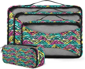 Colorful Hand Drawn Boho 4 Piece Packing Travel Organizer Cubes Set Mesh Fabric Ventilate Design Lightweight Travel Accessories 4 Sizes (Extra Large, Large, Medium, Small)