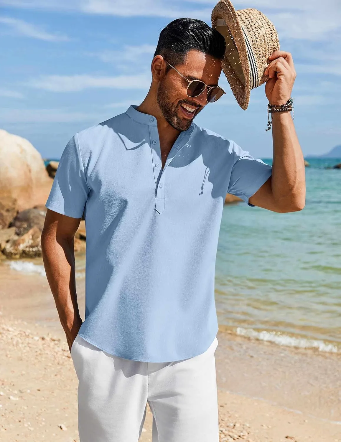 COOFANDY Men's Henley Shirt Short Sleeve Casual T-Shirt Summer Beach Hippie Henley Tee Shirt