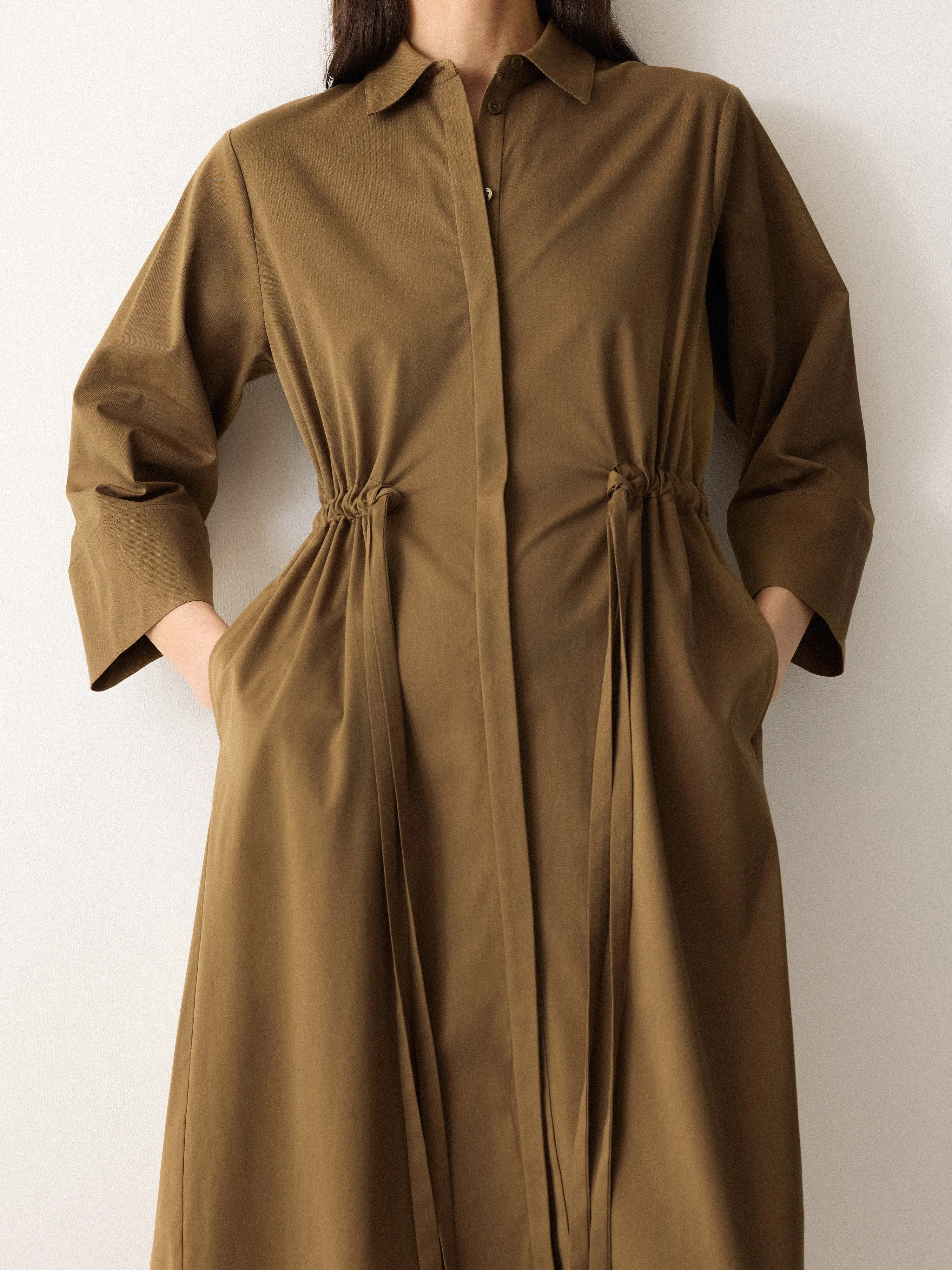 Cotton Tie Waist Shirt Dress | Khaki