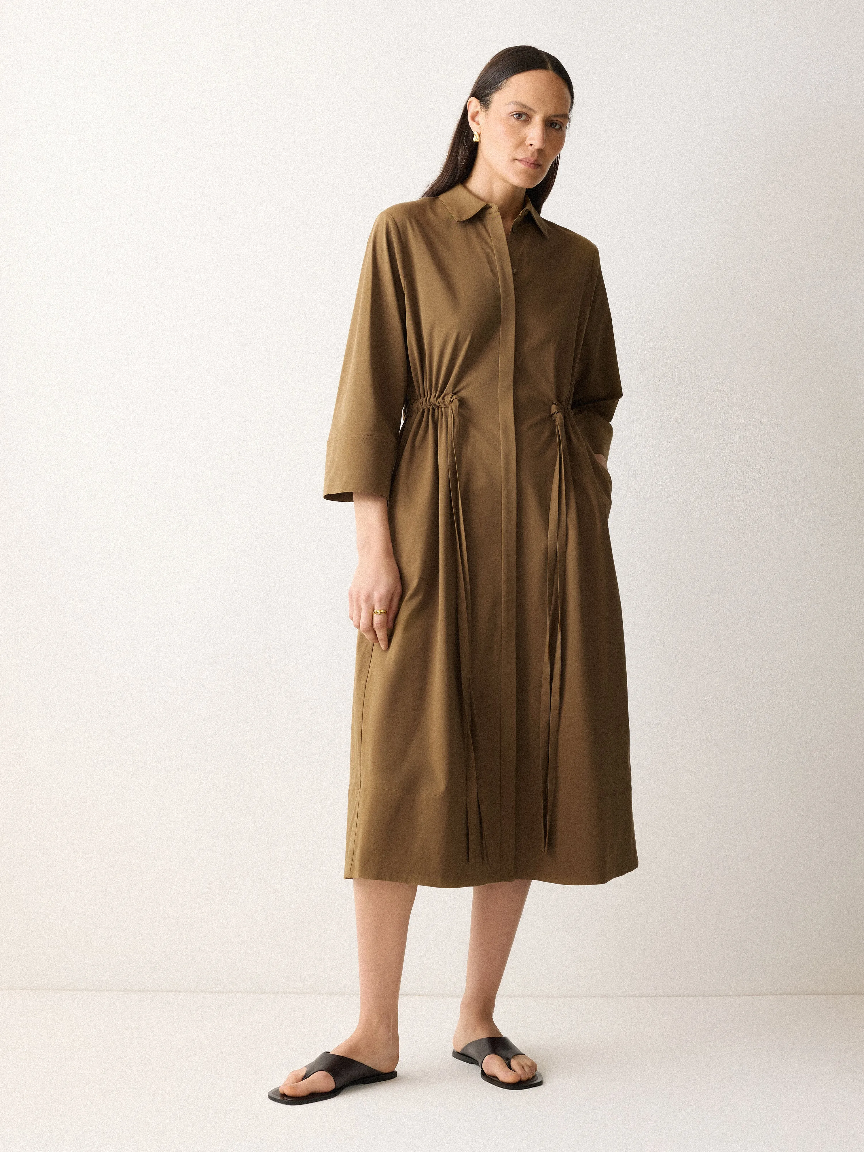 Cotton Tie Waist Shirt Dress | Khaki