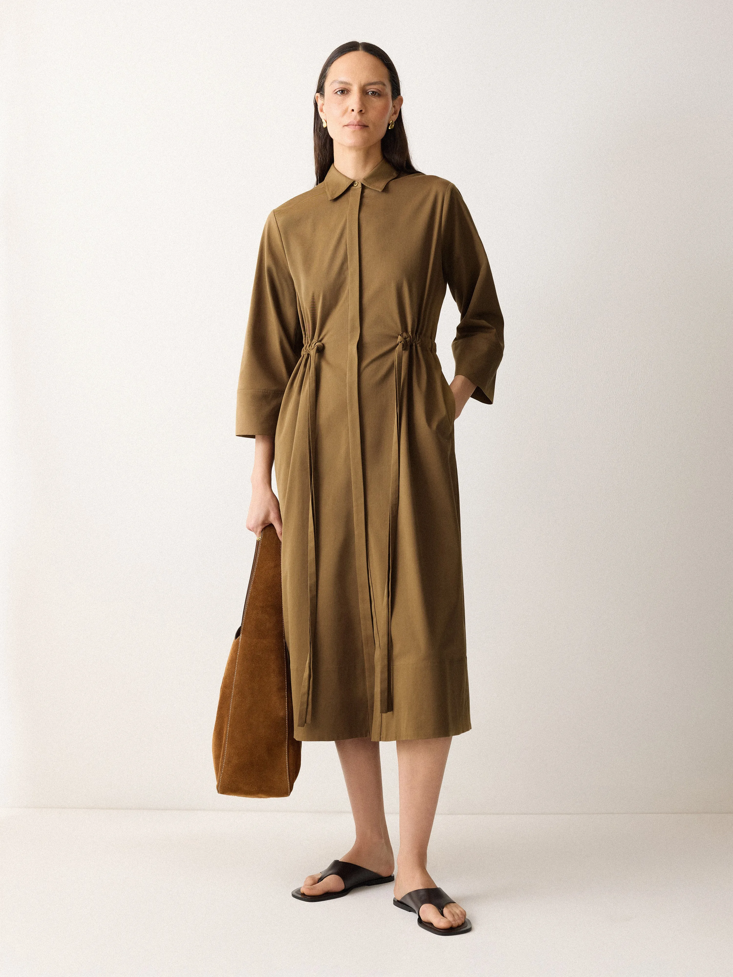 Cotton Tie Waist Shirt Dress | Khaki