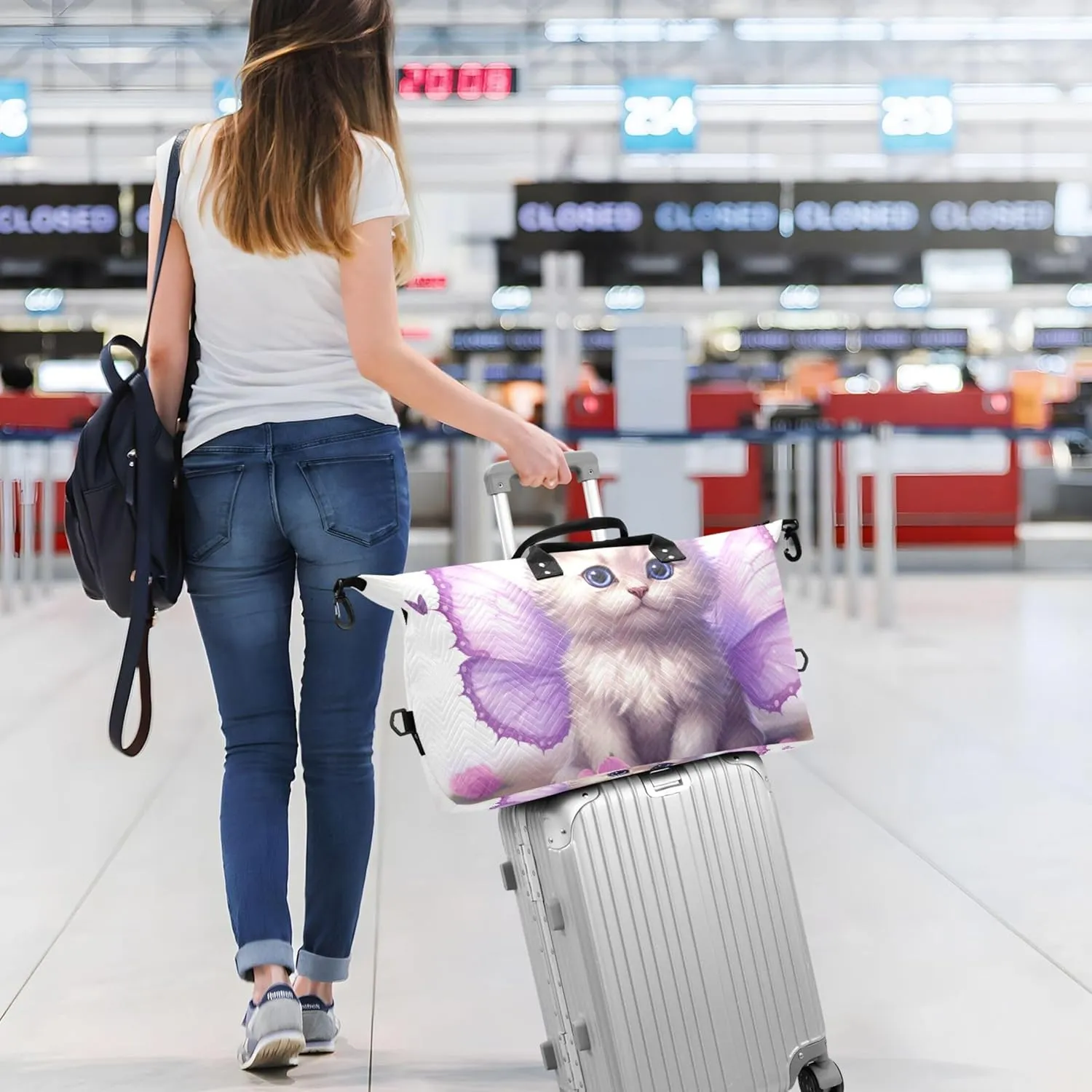Cute Kitten Butterfly Wings Duffle Travel Bags Toiletry Bag Set of 2, Print Women Small Duffel Bag Carry on Bags for Airplanes