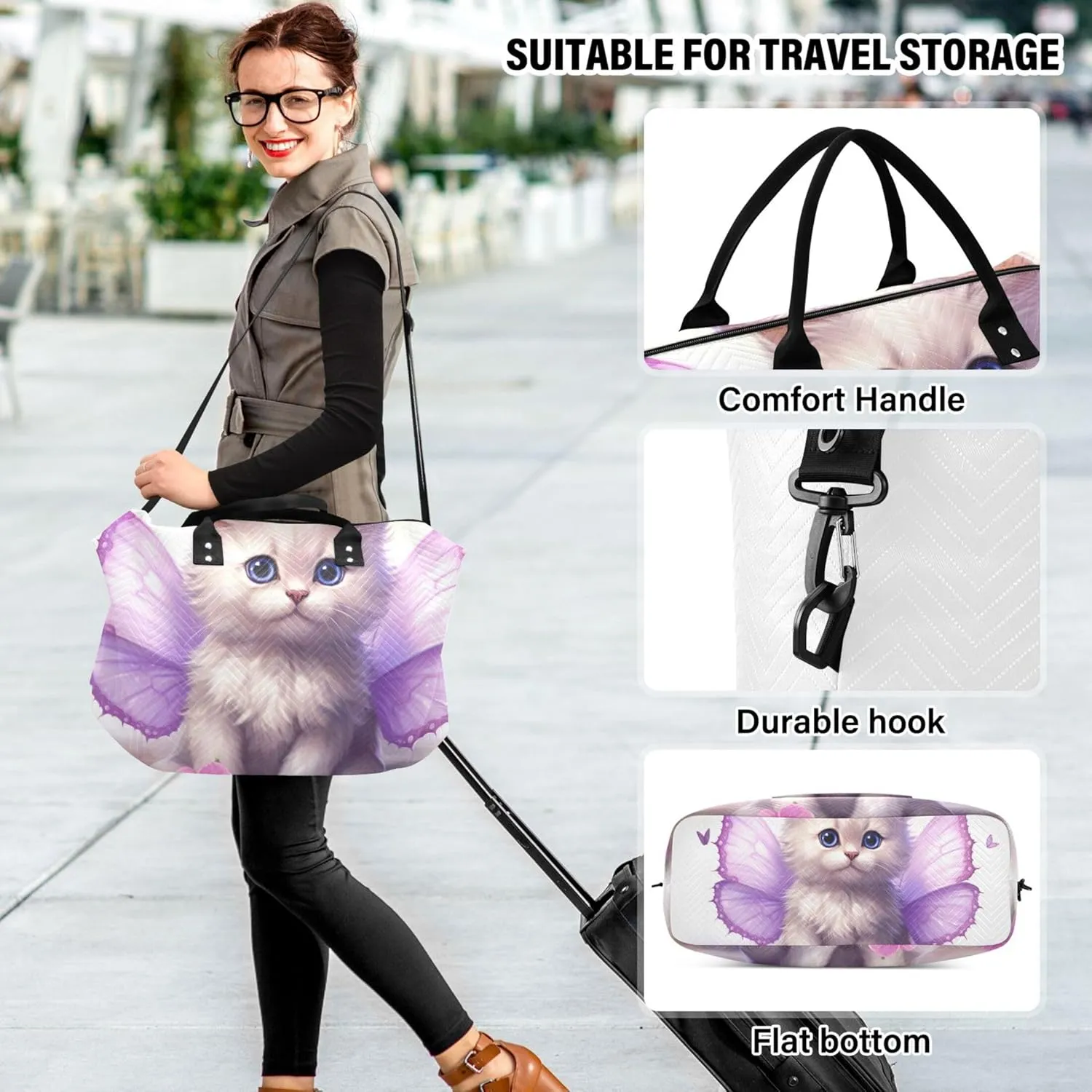Cute Kitten Butterfly Wings Duffle Travel Bags Toiletry Bag Set of 2, Print Women Small Duffel Bag Carry on Bags for Airplanes