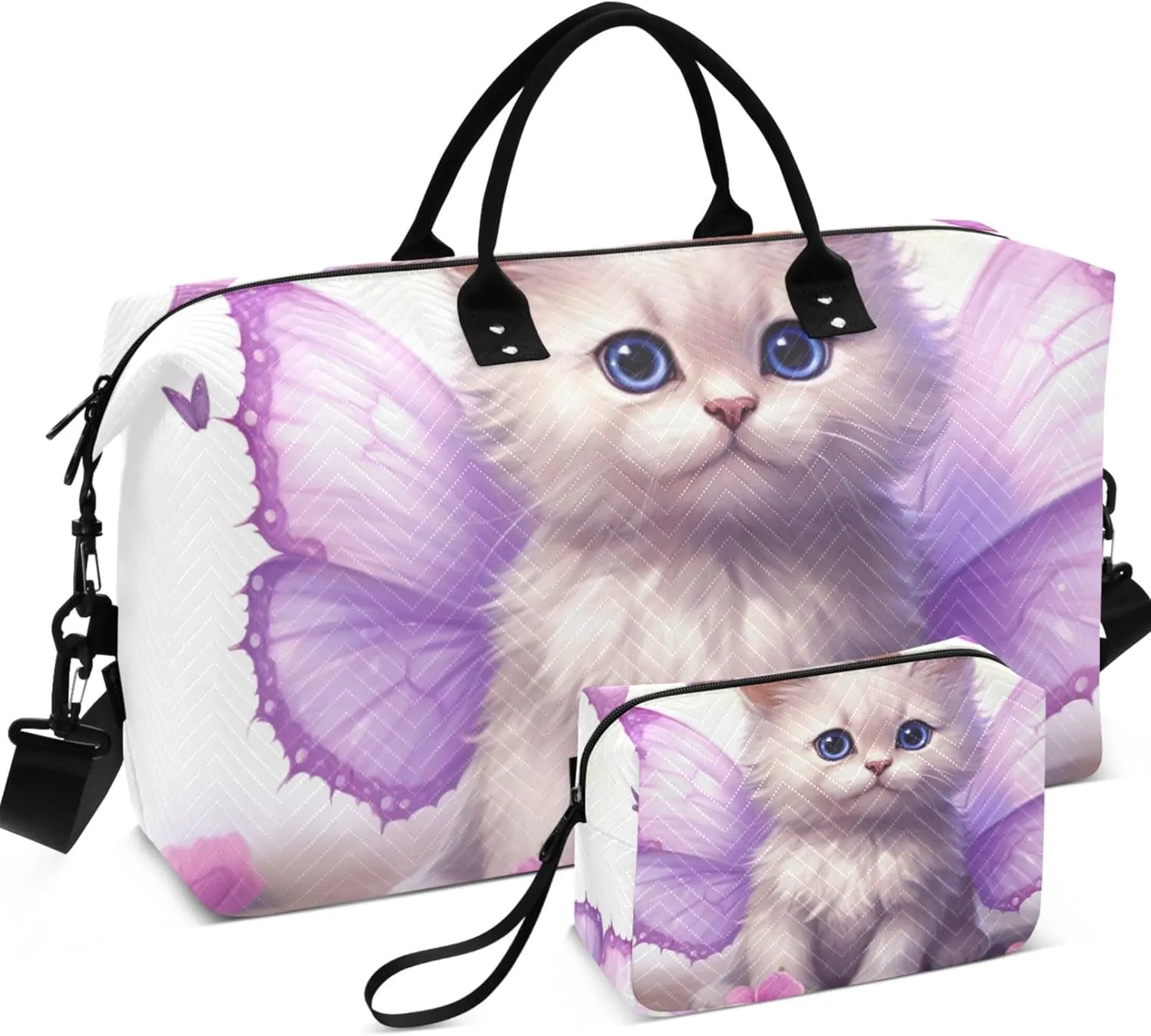 Cute Kitten Butterfly Wings Duffle Travel Bags Toiletry Bag Set of 2, Print Women Small Duffel Bag Carry on Bags for Airplanes