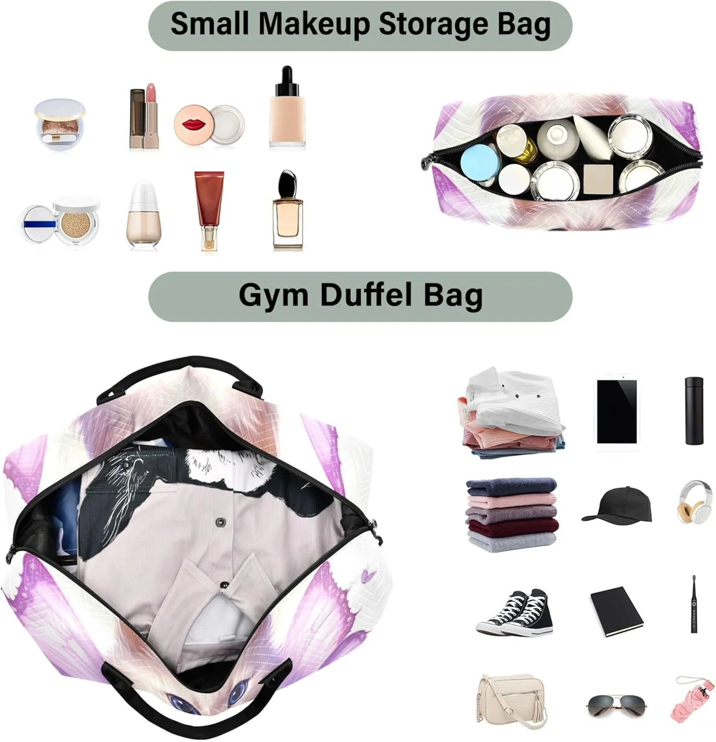 Cute Kitten Butterfly Wings Duffle Travel Bags Toiletry Bag Set of 2, Print Women Small Duffel Bag Carry on Bags for Airplanes