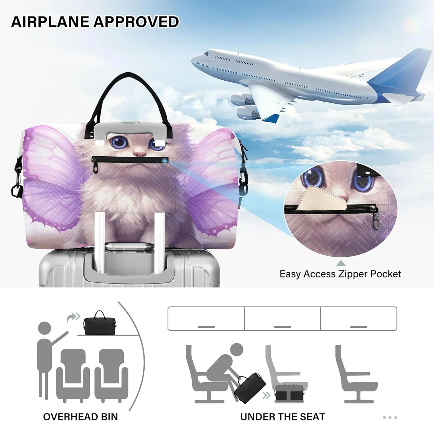 Cute Kitten Butterfly Wings Duffle Travel Bags Toiletry Bag Set of 2, Print Women Small Duffel Bag Carry on Bags for Airplanes