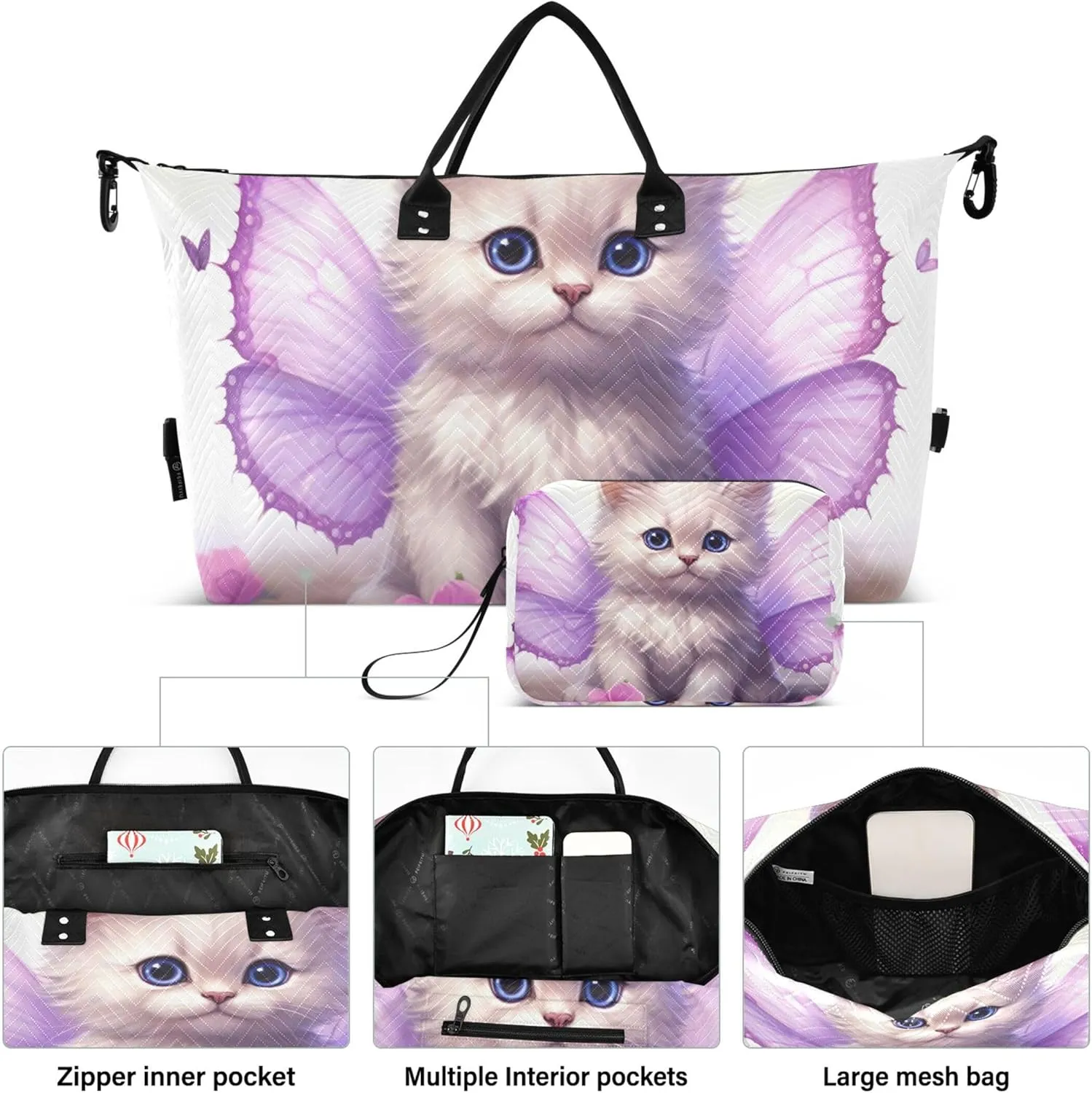 Cute Kitten Butterfly Wings Duffle Travel Bags Toiletry Bag Set of 2, Print Women Small Duffel Bag Carry on Bags for Airplanes