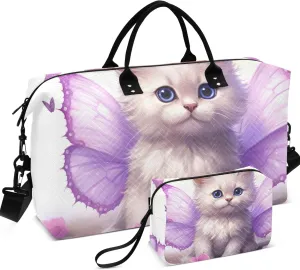 Cute Kitten Butterfly Wings Duffle Travel Bags Toiletry Bag Set of 2, Print Women Small Duffel Bag Carry on Bags for Airplanes