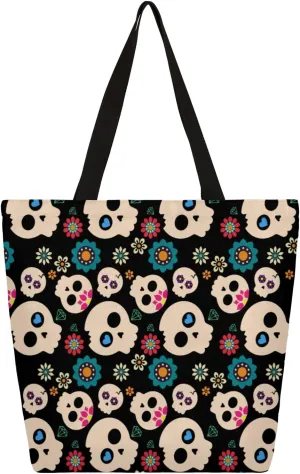 Cute Skulls Flowers Large Capacity Canvas Tote Bag Stylish Handheld Shoulder Bag Reusable Shopping Bag for Work Travel Beach Trips Shopping