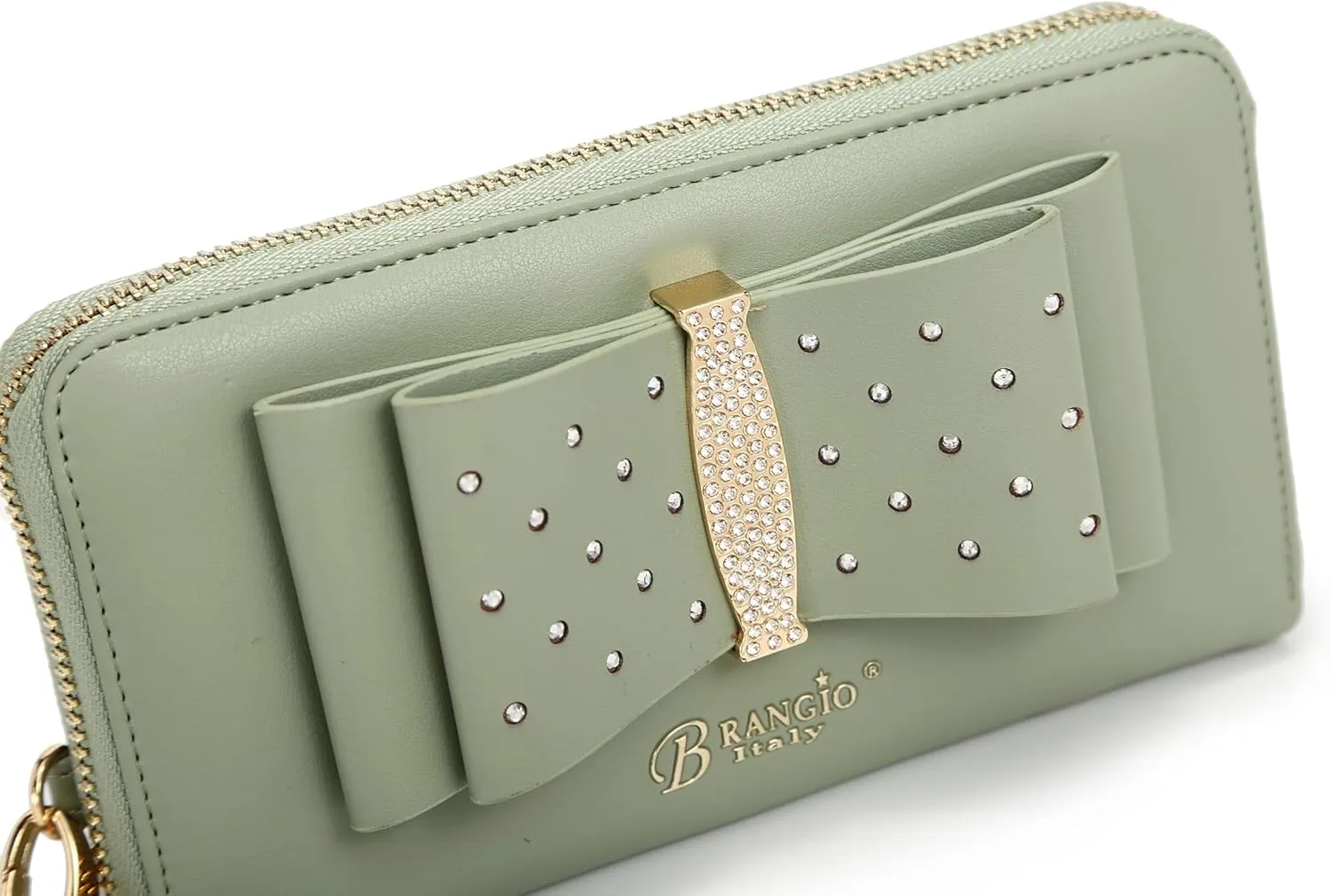 Designer Ribbon Romance Multi-Pocket Rhinestone Wallet Party and Wedding Evening Bling Wristlet for Women (Brown)