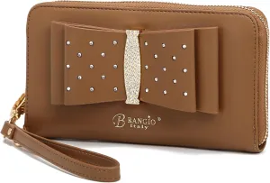 Designer Ribbon Romance Multi-Pocket Rhinestone Wallet Party and Wedding Evening Bling Wristlet for Women (Brown)