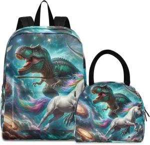 Dinosaur and Unicorn in Space Kids School Bag Set Cooler Backpack Waterproof, Bags for School Kids, Kids Bags School