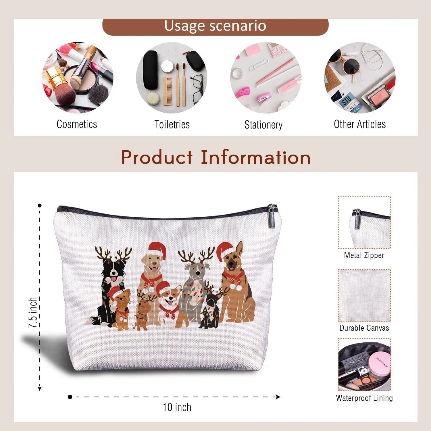 Dog Christmas Makeup Bag - Dog Gifts for Women Cosmetic Bags, Womens Gifts for Christmas, Dog Gifts for Dog Lovers, Dog Mom Gifts, Dog Owner Gifts for Women Zipper Pouch